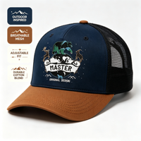 Cappello trucker a 5 pannelli con retro in rete, bicolore blu navy e marrone, con ricamo di orso e cervo, corona strutturata, logo personalizzato.