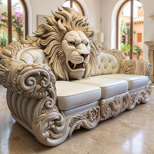 Luxury European Antique Lion Head Carved Genuine Leather L-Shaped Sectional <b>Sofa</b> Set Foam Tufted Back Solid Teak <b>Wood</b> <b>Frame</b> - Product Image 6