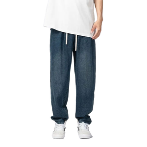 Jean en denim délavé taille haute pour homme avec cordon de serrage élastique – Coupe droite ample pour jeunes, extensible pour toutes les saisons - Product Image 2
