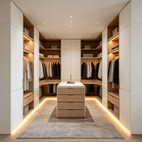 Armoire de rangement autoportante moderne sur mesure avec éclairage d'ambiance, îlot central et tiroirs organisateurs pour salon
