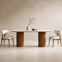 Ensemble de table à manger écologique avec plateau en pierre frittée, base en bois massif ovale, 6 places, mobilier de salle à manger moderne pour villa avec chaises