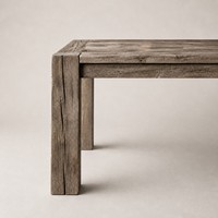 Ensemble de salle à manger rectangulaire en bois recyclé de style rustique avec pieds épais et chaises en tissu pour villas, hôtels et espaces de type boutique
