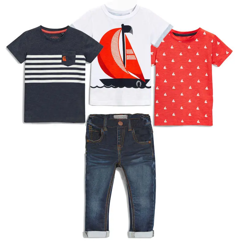 Ensemble de 4 pièces d'été en coton avec Logo, T-Shirt et jean pour enfants, vêtements imprimés pour garçons, tenue à la mode