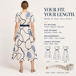 Abito Midi da Donna Personalizzato OEM con Stampa Contorno in Porcellana, Bordo Zaffiro Effetto Ciottolo Disegnato <span class=keywords><strong>a</strong></span> <span class=keywords><strong>Mano</strong></span>, Esclusiva Anteprima Espositiva, Private Label - Product Image 2
