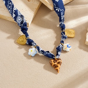 Fashion Silk Scarf Necklace Heart Shape Leopard Print Ceramic Flower Gold Plated Pendant Rope Chain Design - Product Image 2