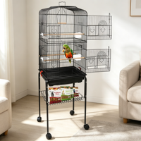 Volière multi-niveaux verrouillable pour oiseaux, avec toit incurvé, support métallique à roulettes, étagère de rangement, plateau amovible coulissant, design simple pour