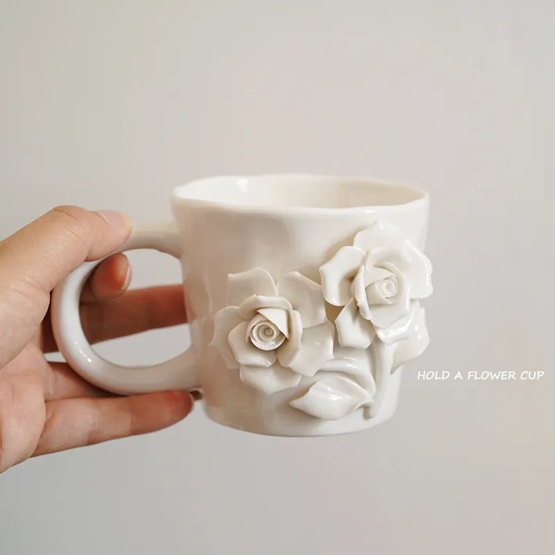 Romantic Hand Holding Rose 3D Flower Ceramic Coffee Cup Irregular Water Milk Tea Cup