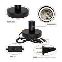 Base de lampe de bureau en métal poli, sortie d'usine, avec support d'ampoule à vis E26/E27, cordon noir, interrupteur et prise intégrés en acier inoxydable 304
