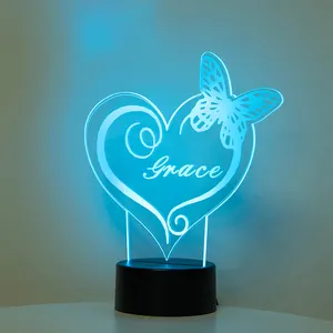 Personalizado borboleta amor luz noturna, lâmpada para família, coração personalizado, luz noturna led