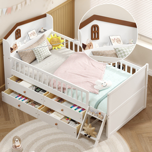 Modern Twin <b>Bed</b> <b>Frame</b> Storage 4 Drawers Solid <b>Pine</b> Wood Kids Platform Twin <b>Bed</b> Guardrail Headboard Ladder Bedroom Eco-Friendly - Product Image 3