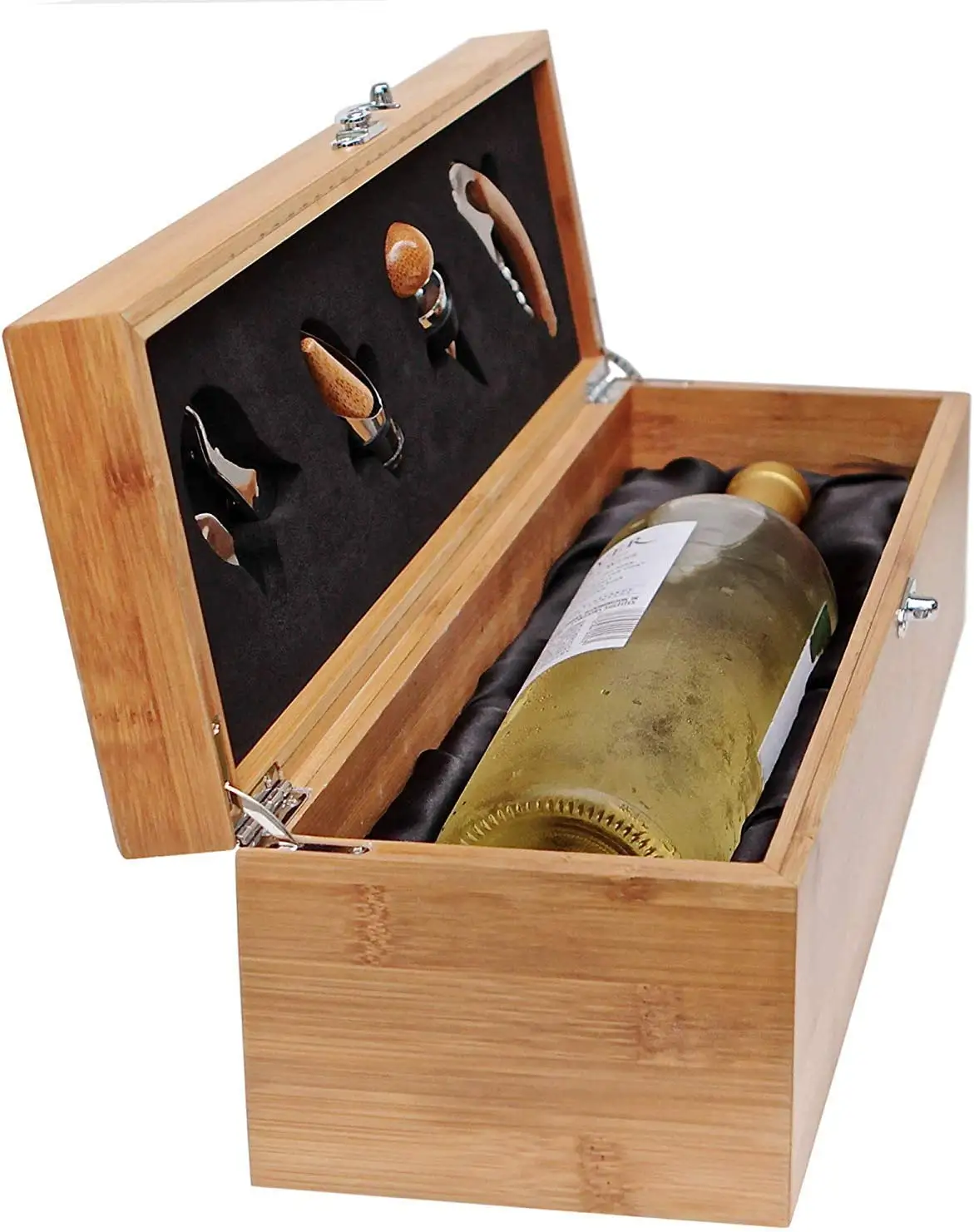 Kotak hadiah anggur kayu bambu, Set dengan alat botol anggur ganda, kotak penyimpanan kayu dengan pegangan dan engsel untuk pesta ulang tahun