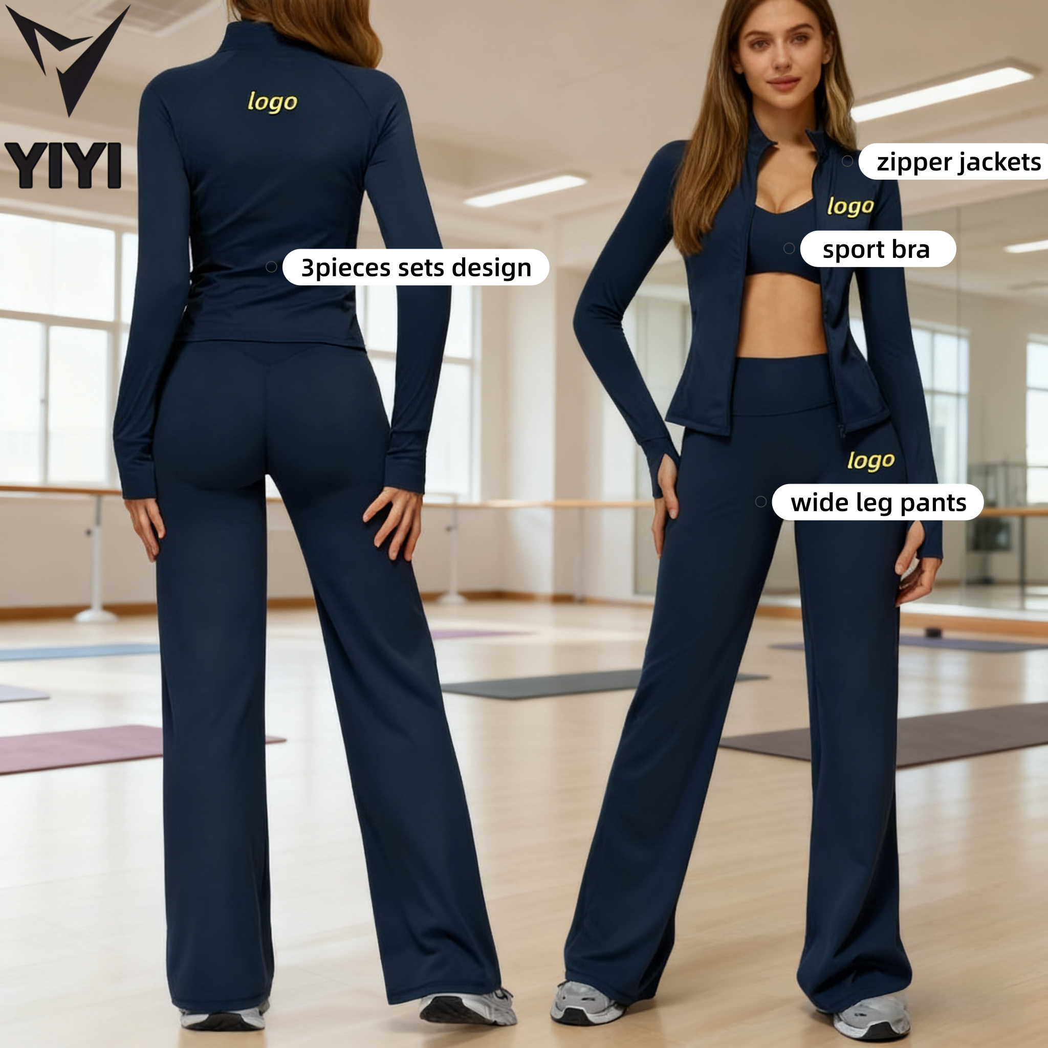Hot Sale Women Casual Fashion Zipper Yoga Jacket Set Wide Straight Legging Tracksuits Gym Sport Bra Fitness 3Pieces Outfits