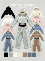 Logo Kustom Wanita Berbahan Rajut Katun 450g Anti-Pilling Bernapas dengan Trim Bulu dan Hoodie, 3 Garis, Celana Crop Kaki Lebar, Tracksuit 2-Potong ODM Sweat