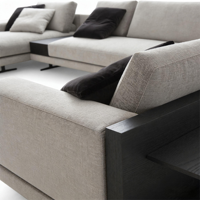Canapé modulaire en tissu beige clair en forme de L, trois places, éponge haute densité, table d'appoint en bois noir, salon moderne haut de gamme
