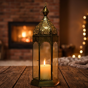 Gold Metal Ramadan Lantern Vintage <b>Candle</b> Holder Stand <b>Large</b> Clear Glass Wooden Lanterns Christmas Eid Muslim Home Table Decor - Product Image 2