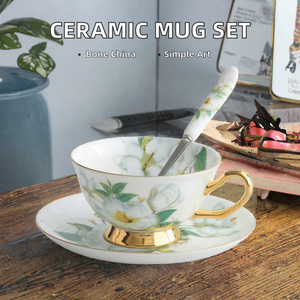 ORIGINAL Floral Bone China Tea <b>Cup</b> and Saucer Set <b>Gold</b> Trim Round Ceramic <b>Cups</b> for Back to School Gift - Product Image 2
