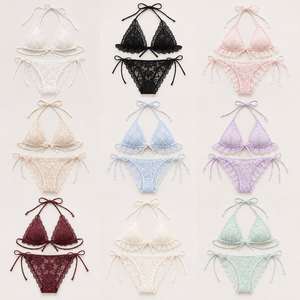 Ensemble bikini en dentelle pour femmes, maillot de bain deux pièces réglable à bretelles croisées, bas de maillot de bain string de couleur unie en tissu extensible - Product Image 1