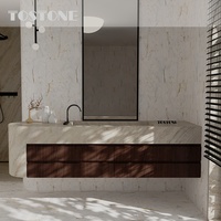 Nouvelle arrivée Tostone : Meuble-lavabo en travertin blanc poli, bois massif naturel, pour salles de bain modernes de villas et maisons contemporaines