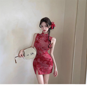 New Chinese Style Modified Cheongsam Dress Red Sheer Bodycon Mini Skirt Mandarin Collar Tie Dye Summer Wear - Product Image 4