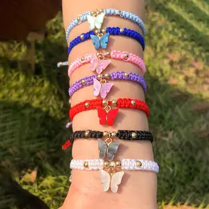 2023 Tanrui Colorful Butterfly Bracelet Rope String Braided Bangle Women Girls Crystal Charm Butterfly Fashion Jewelry for Girls