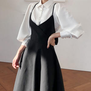 नई वसंत पोशाक महिलाओं एकल छाती लालटेन बांह की कमीज सेट + अंगिया धनुष Pleated ठोस कपड़े - Product Image 4