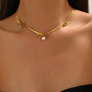 Collar con lazo de estilo europeo americano con colgante de perla y cadena de serpiente para mujer, joyería de aleación de zinc para uso diario y fiestas - Product Image 2