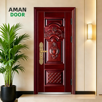 Porte de sécurité en acier grain de bois rouge foncé, panneaux ondulés bicolores gaufrés, poignée œil-de-chat argentée, classique, extérieur, best-seller Afrique