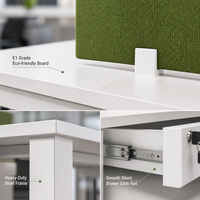 Système de bureau modulaire commercial à plan ouvert, avec pieds en métal blanc pur en forme de O, cloison en tissu et meuble de rangement.