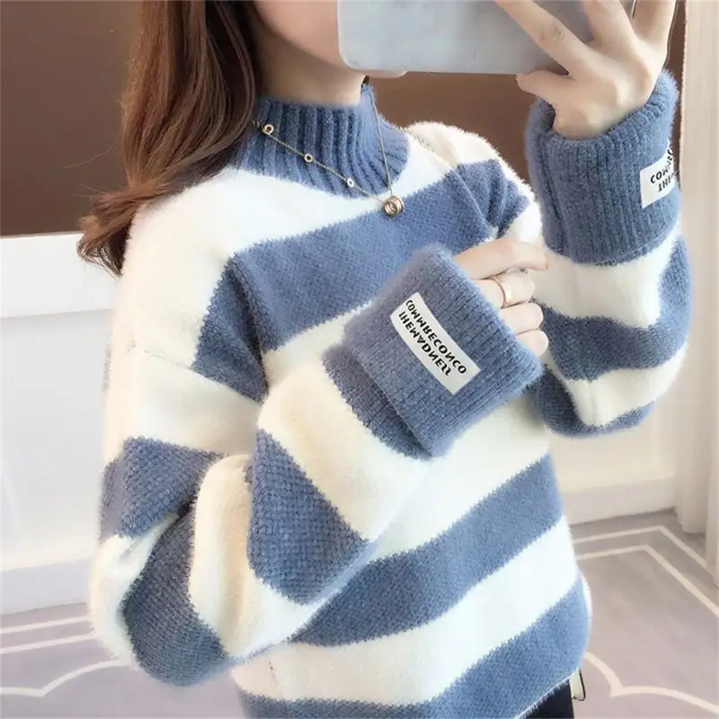 Colorblock Mink Velvet Sweater Pullover Women custom Winter Clothes Half Turtleneck sweater wholesale