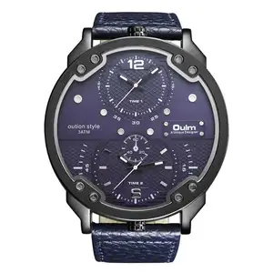 Oulm 3548M cheap blue mens quartz watch excel Genuine Leather Strap dual time 3 dials big storage business watch company