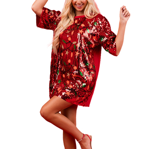 Personalizable Manga Corta Cuello Redondo Gráfico Lentejuelas Brillo Mini Vestido Casual Sparkle Camiseta Vestido Con Patrón Impreso - Product Image 5