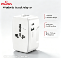 Adaptador de Viaje Universal Foxcan con Certificación CE, 1 Puerto USB-A + 1 Puerto USB-C, Todo en Uno para Laptop y Cámara, Compatibilidad con Enchufes de Todo el Mundo