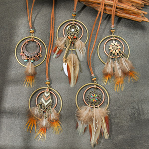 Bohemian Vintage Feather Pendant Necklaces Alloy <b>Copper</b> Unisex Long <b>Chain</b> Handmade Colorful Real Feathers Circle Design - Product Image 2