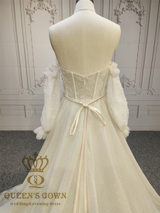 Queens vestido hecho a mano con cuentas cinturón A-Line vestido de novia 3D flor brillante encaje corazón hueso cuerpos hecho a mano nupcial - Product Image 6
