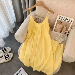 Yellow <b>Spaghetti</b> Strap Dress Loose Waist Solid Color Women Summer Casual <b>Long</b> Dress - Product Image 1