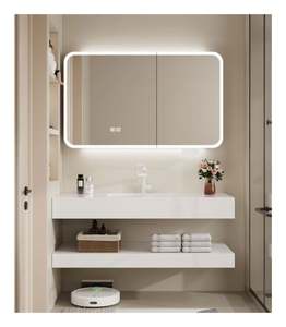 Vasque intégrée en pierre de style minimaliste moderne, série blanche haut de gamme, meuble-lavabo de salle de bain avec miroir intelligent extra large - Product Image 1