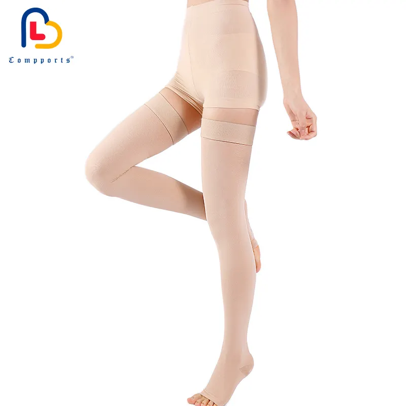 Compports ce iso13485 private label 23-32mmhg elastic beige black thigh high anti-slip compression medical stocking