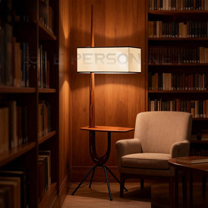 Lampadaire moderne en <span class=keywords><strong>bois</strong></span> avec étagère intégrée et abat-jour en tissu | Lampadaire fonctionnel sur <span class=keywords><strong>trépied</strong></span> pour le salon et le salon d'hôtel - Product Image 6