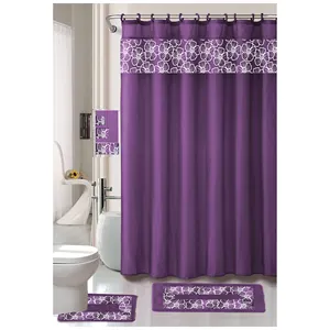 18 Pcs lilian 보라색 자수 품위있는 디자인 욕실 매트 세트 비 슬립 러그 카펫 샤워 커튼과 후크