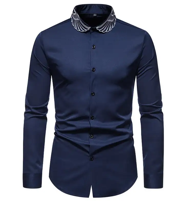 New Men's Long Sleeve Fashion Button Shirt Wings Embroidered Casual Shirt Slim Dress Shirt