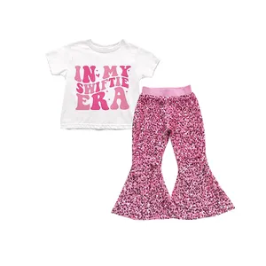 Preorder Boutique in my swiftie ear print pink shiny sequin flared pants 2 pcs outfits wholesale fashion little girls clothing