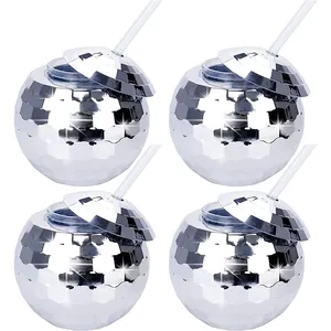 Silver Disco Ball Plastic Drink Cup with Lid & Reusable Straw - 16 oz