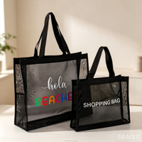 Sac fourre-tout en polyester personnalisé avec logo, idéal pour la plage, le shopping ou comme sac de transport, en maille réutilisable, tendance et personnalisable pour la vente en gros.
