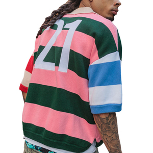 Maglia da Calcio in Maglia a Maniche Corte a Righe Vintage con Ricamo Logo Personalizzato, Stile Streetwear, con Bottoni - Product Image 3