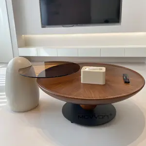 Juego de mesa de centro redonda de lujo de estilo nórdico, muebles de sala de estar con base de madera y tapa de cristal