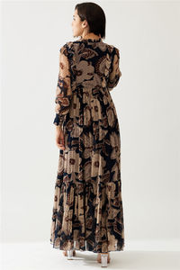 Tùy Biến Nữ Ruffles Flare Flowy Chất Lượng Cao Hoa In Nút Phía Trước O Cổ Voan Dài Tay Áo Phụ Nữ Maxi Dress - Product Image 2