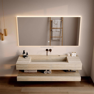 Lavabo double moderne de qualité hôtelière avec vasque rectangulaire en pierre, miroir LED résistant à l'eau, fixation murale classique - Product Image 4