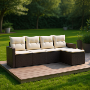 Set Divano da Giardino in Rattan Marrone con Cuscini Crema, Arredamento da Esterno dal Design Contemporaneo, Telaio in PE Intrecciato Impermeabile e Resistente ai Raggi UV - Product Image 2