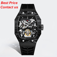 Montres de luxe en fibre de carbone avec tourbillon, forme tonneau, montre mécanique pour homme
