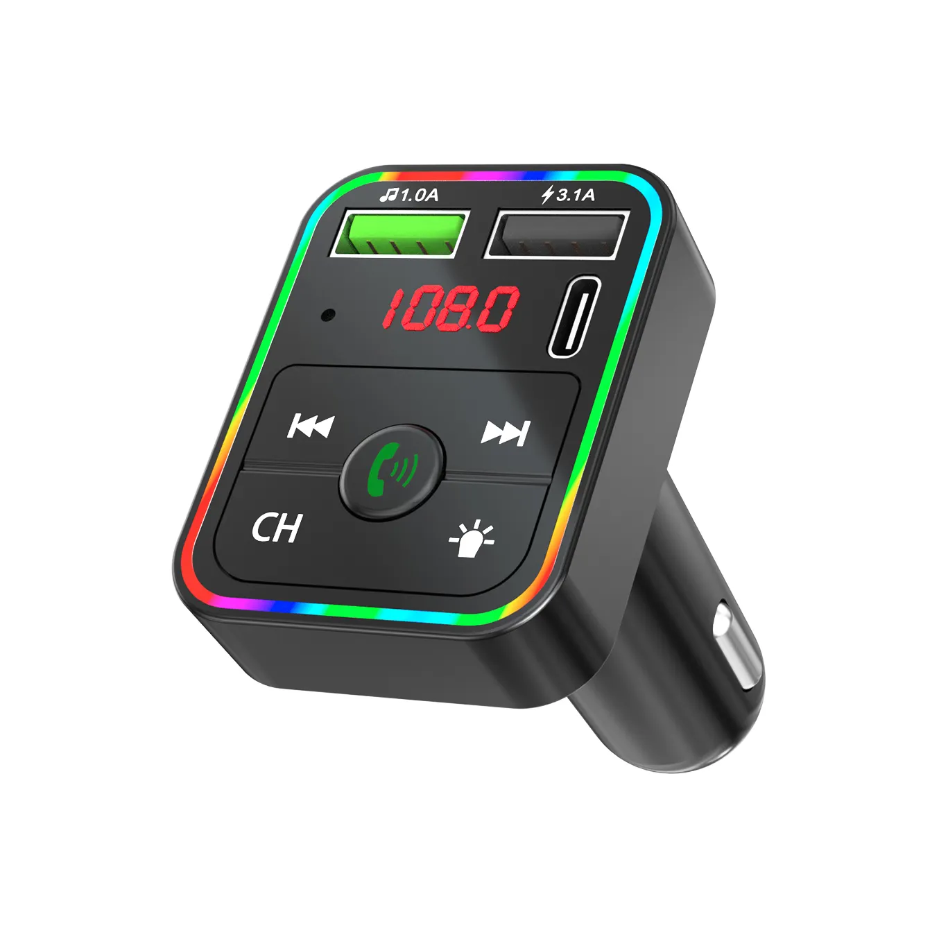 F2 Car FM Transmitter Colorful LED Backlight Wireless FM Radio Adapter Hands Free Car Kit TF Card MP3 Player With Type C PD